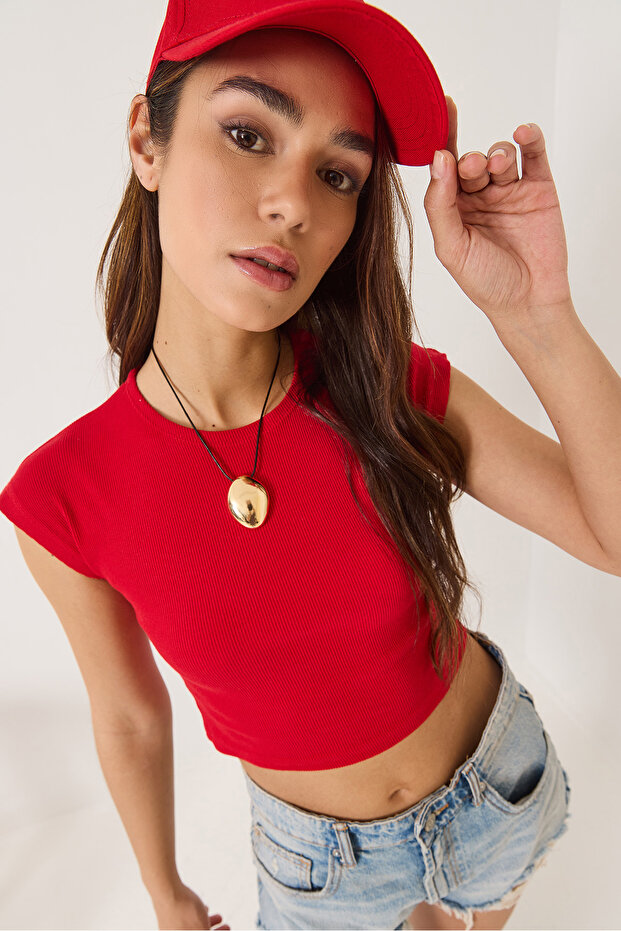 Women's Red Crew Neck Short Sleeve Basic Camisole Crop Top T-Shirt 60602044