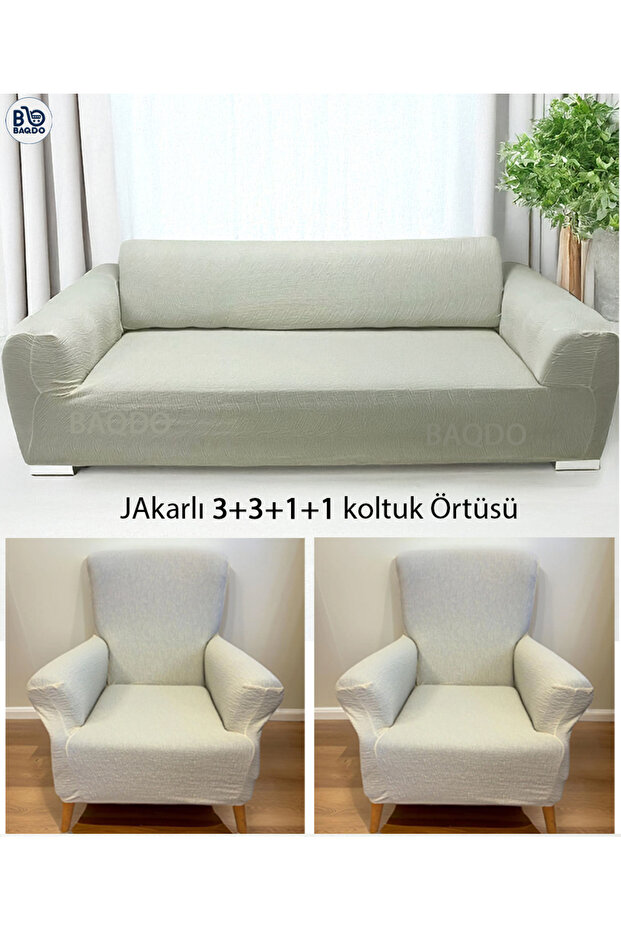Armchair Jacquard Stick, Plain Pattern 3+3+1+1 Elastic, Sofa, Sofa Bed Cover, Case Flexible 3311 Cream