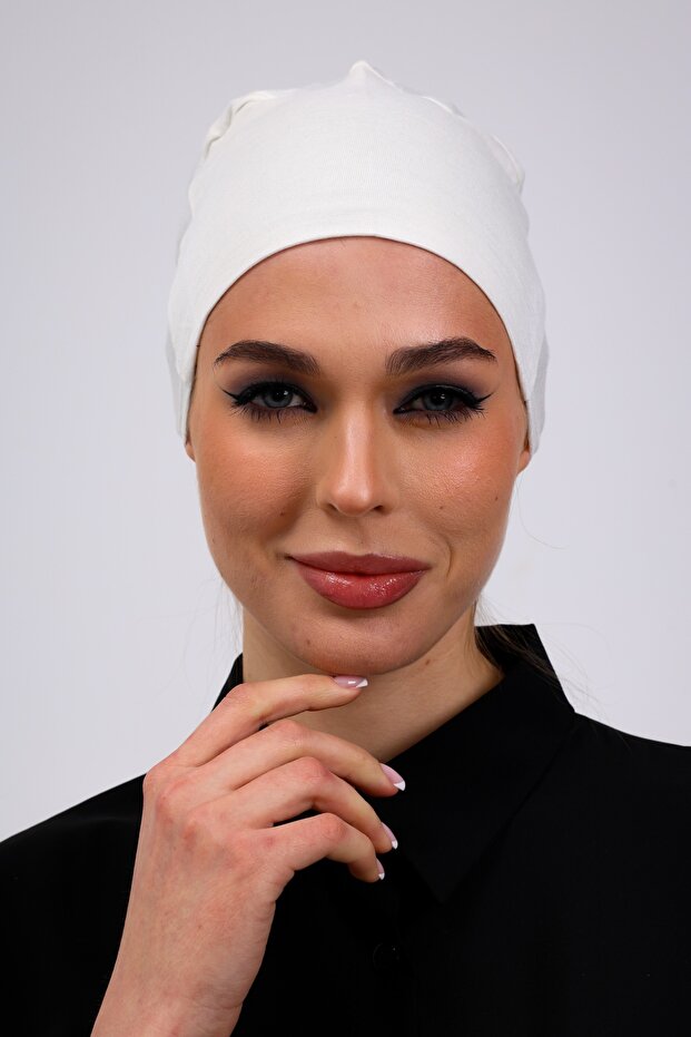 Plain Seamless Combed Cotton Bonnet Ecru - Women's Hijab Tie Underwear Bonnet Off White