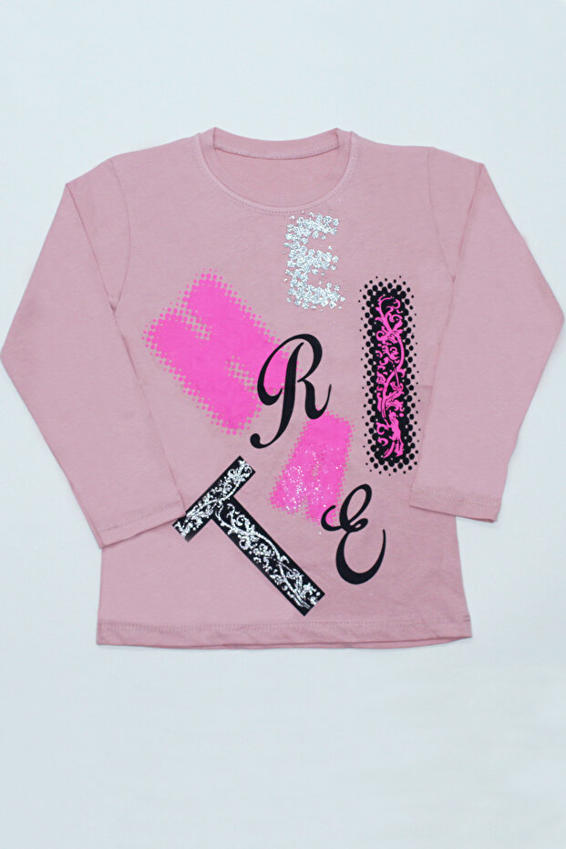 Girls' Long Sleeved T-Shirt with Sequined Letter Print and Crewneck E9