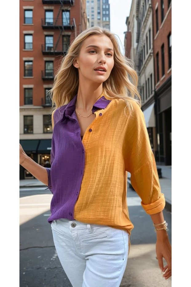 Women's Muslin 100% Cotton Casual Color Block Two Color Long Sleeve Purple Orange Shirt 700-3458275