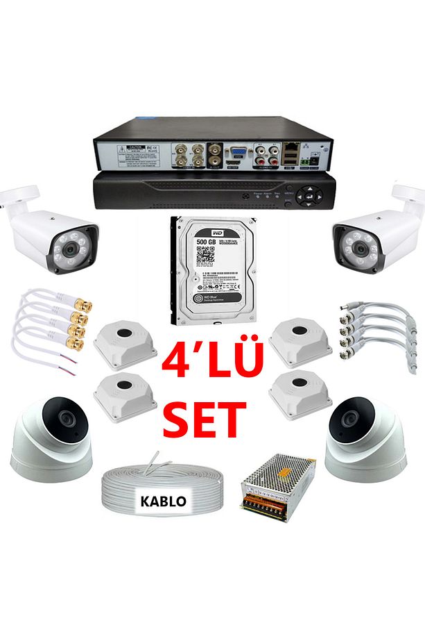 AHD uzaktan izlemeli 2 Adet Dış Mekan 2 Adet iç Mekan Full HD Güvenlik kamera seti - 1