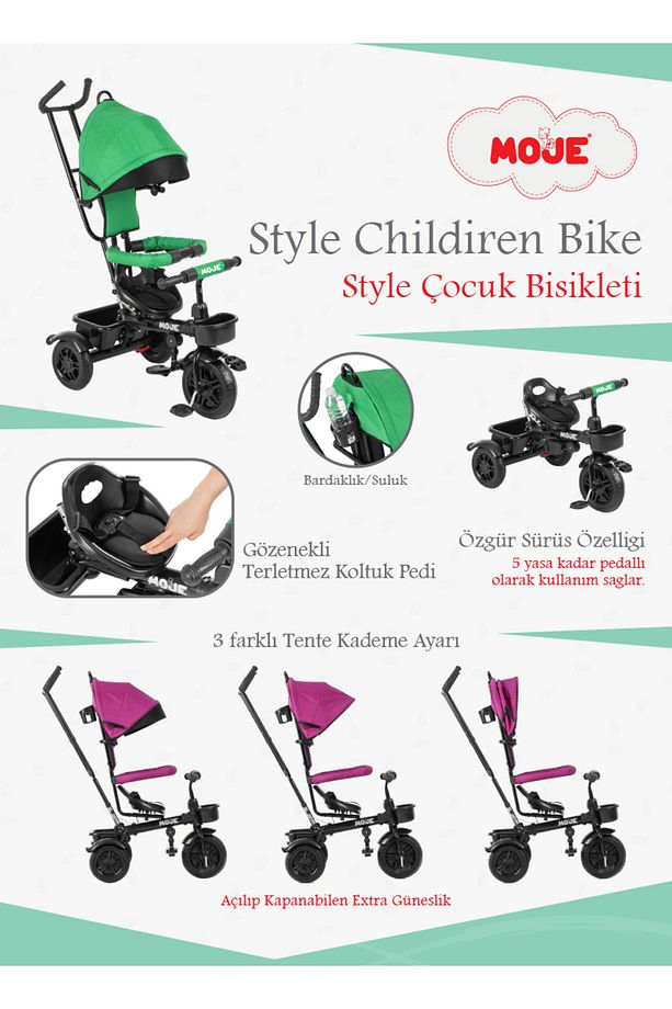 Style Ebeveyn Kontrollü Tenteli Üç Tekerli 1-5 Yaş Bebek Bisikleti - 2