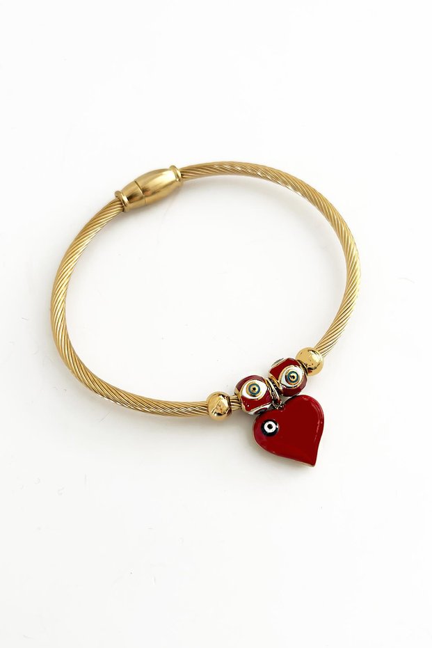 Red Evil Eye Heart Charm Stainless Steel Magnet Handcuffs Bracelet