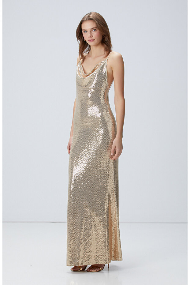 Gold Maxi Abiye Elbise - 3