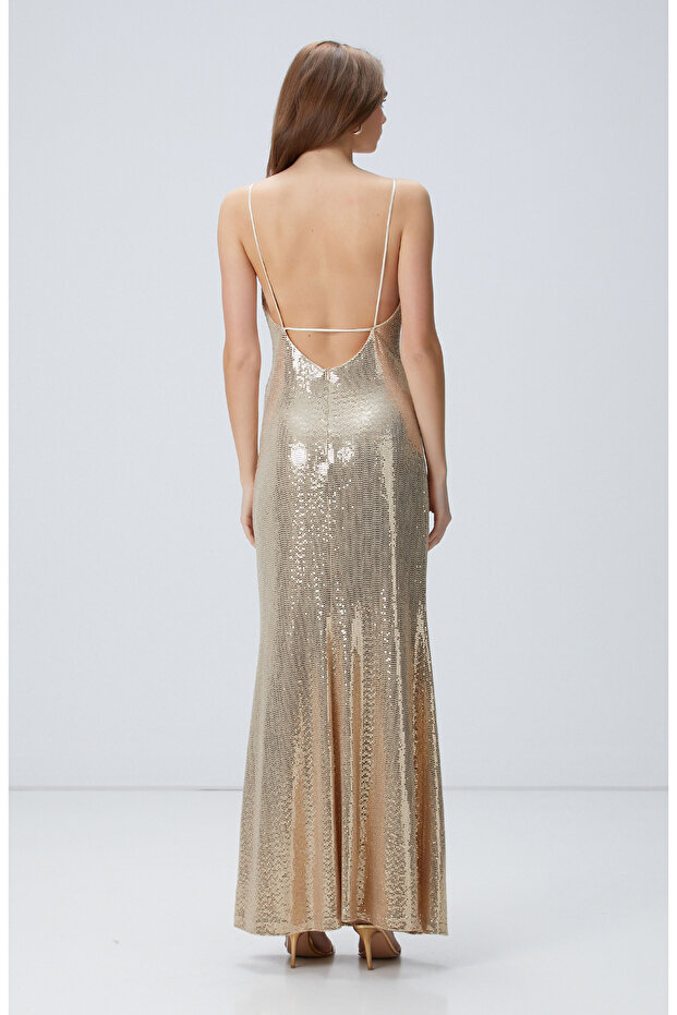 Gold Maxi Abiye Elbise - 5