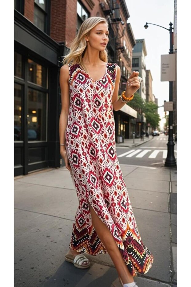 Women's Red Viscose Thick Straps Ethnic Patterned Casual Long Bohemian Dress 700-3650286