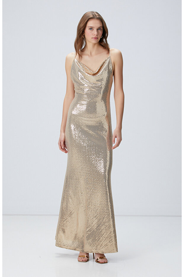 Gold Maxi Abiye Elbise - 4