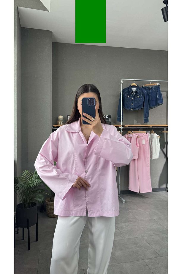 Oversize Pembe Kadın Gömlek - 4