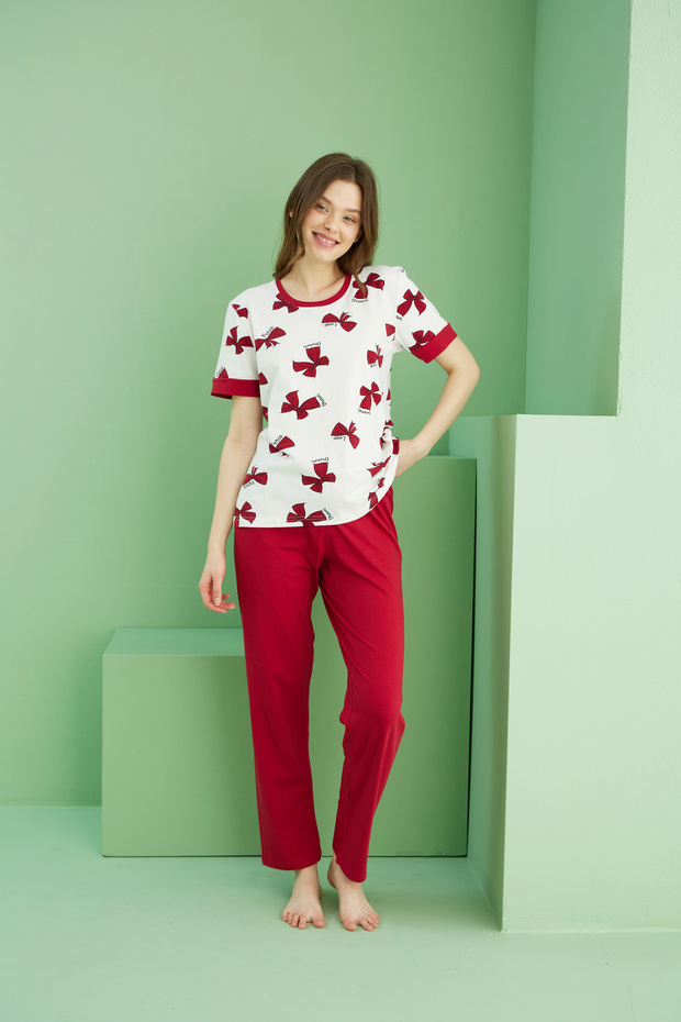 ekru desenli Pamuklu Bisiklet Yaka Örme Pijama Takım25117076 - 2