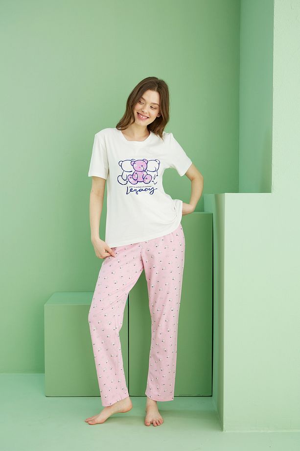 ekru desenli Pamuklu Bisiklet Yaka Örme Pijama Takım25117068 - 2