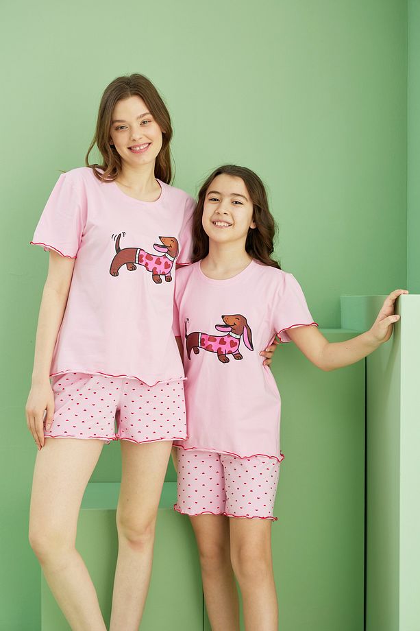 pembe desenli Pamuklu Bisiklet Yaka Örme Şort Takım25115022 - 1