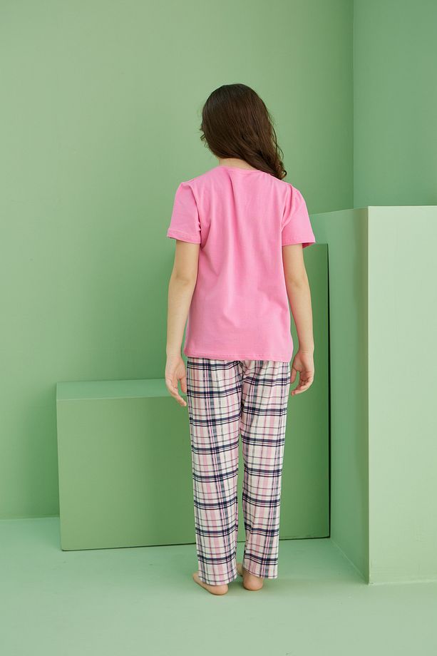 pembe desenli Pamuklu Bisiklet Yaka Örme Pijama Takım25117075 - 5