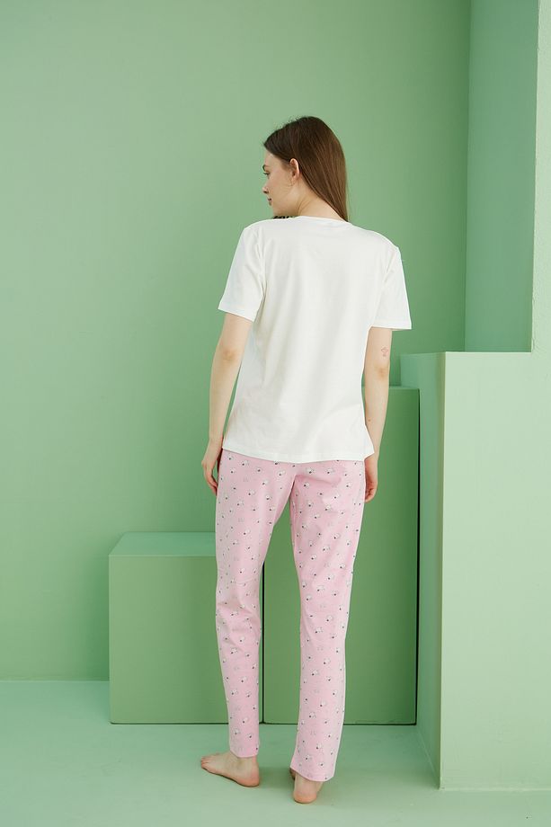 ekru desenli Pamuklu Bisiklet Yaka Örme Pijama Takım25117068 - 3