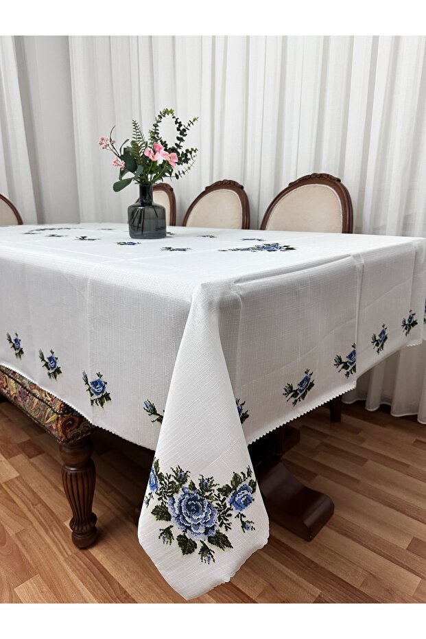 Luxury Stain-Resistant Linen Printed Tablecloth 160X220 Blue Flower