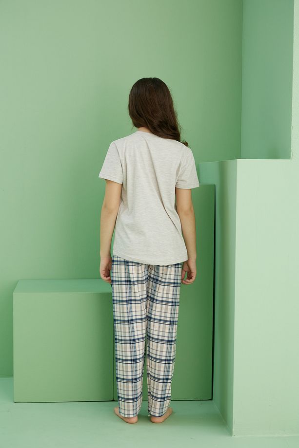 bej melanj desenli Pamuklu Bisiklet Yaka Örme Pijama Takım25117070 - 5