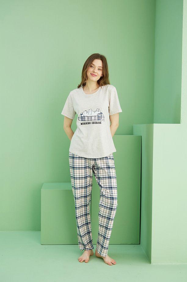 bej melanj desenli Pamuklu Bisiklet Yaka Örme Pijama Takım25117070 - 2