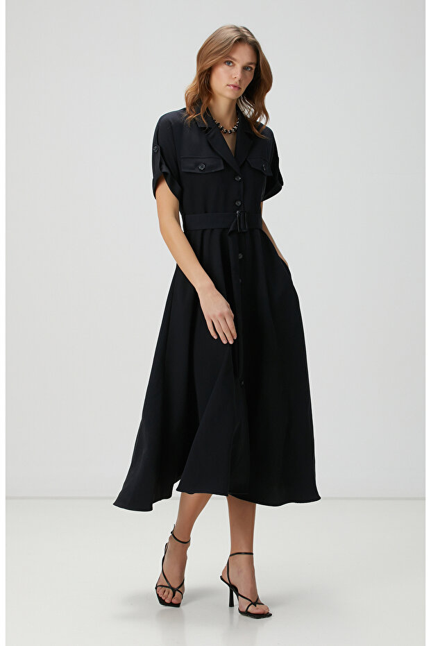 Siyah Diyagonal Desenli Midi Elbise - 1