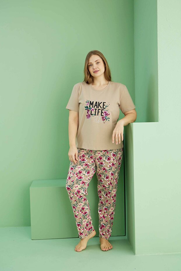 Mink Patterned Curve Large Size Oversize Cotton Pajama Set 25113801 - 2