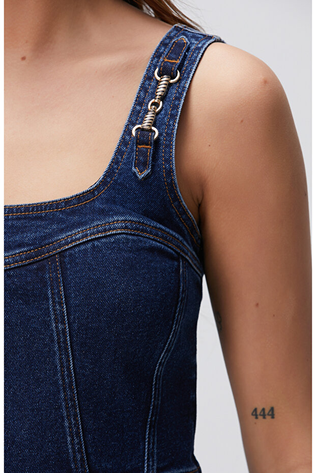 İndigo Mini Denim Elbise - 7