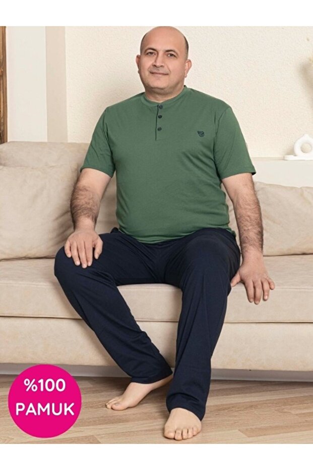 Men's Green Wide Fit 100% Cotton Short Sleeve Pocket Plus Size Pajama Set