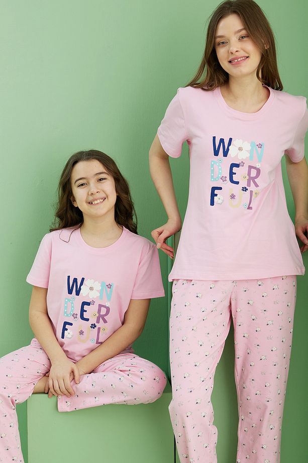 pembe desenli Pamuklu Bisiklet Yaka Örme Pijama Takım25117077 - 1