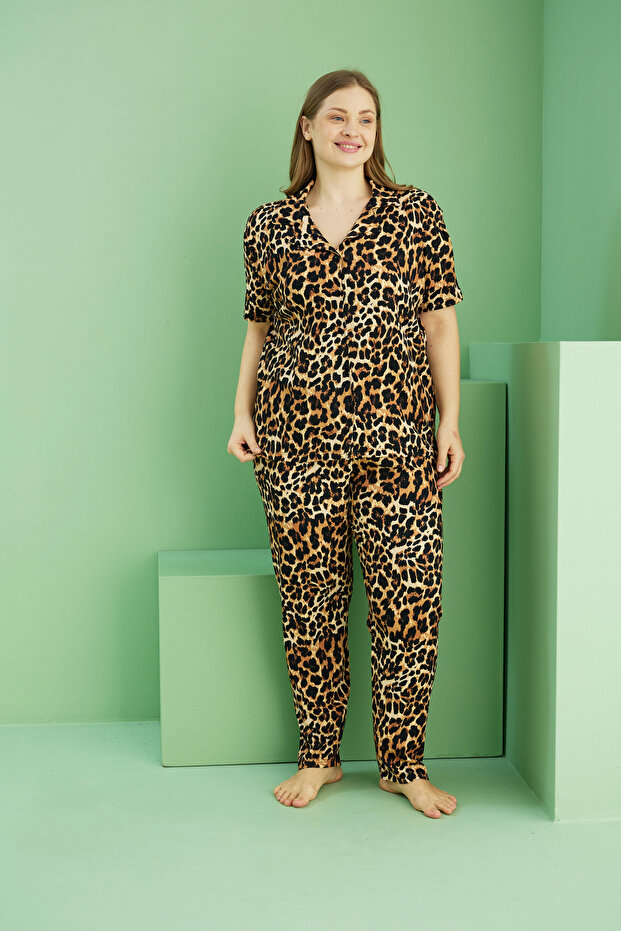 Leopard Print Bürümcük Krınkıl Fabric Curve Large Size Oversize Buttoned Pajama Set 25118712 - 2