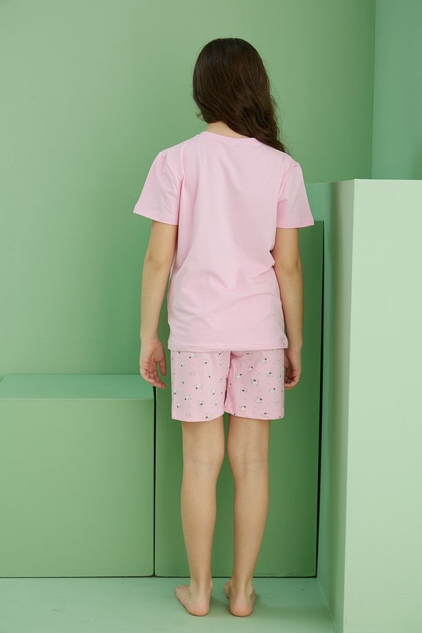 pembe desenli Pamuklu Bisiklet Yaka Örme Şort Takım25115031 - 5