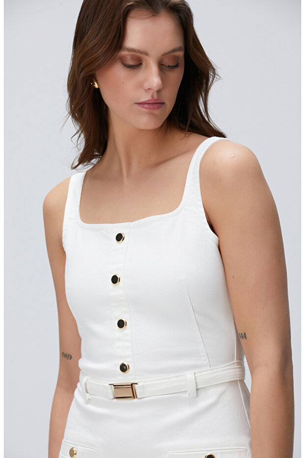 Kırık Beyaz Mini Denim Elbise - 2