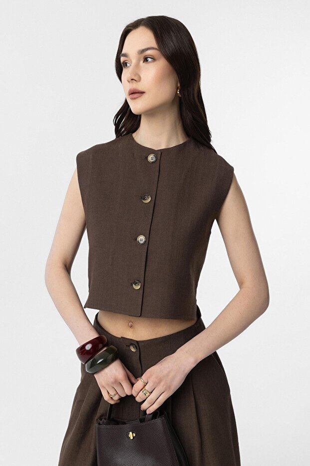 Brown Linen Blended Women's Vest