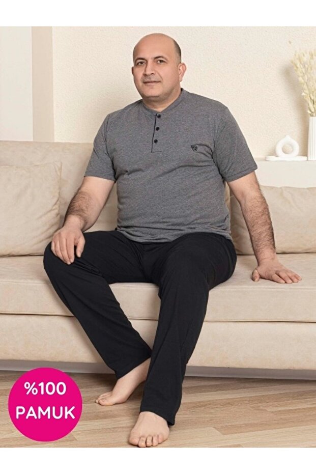 Men's Anthracite Wide Fit 100% Cotton Short Sleeve Pajama Set with Pockets Plus Size