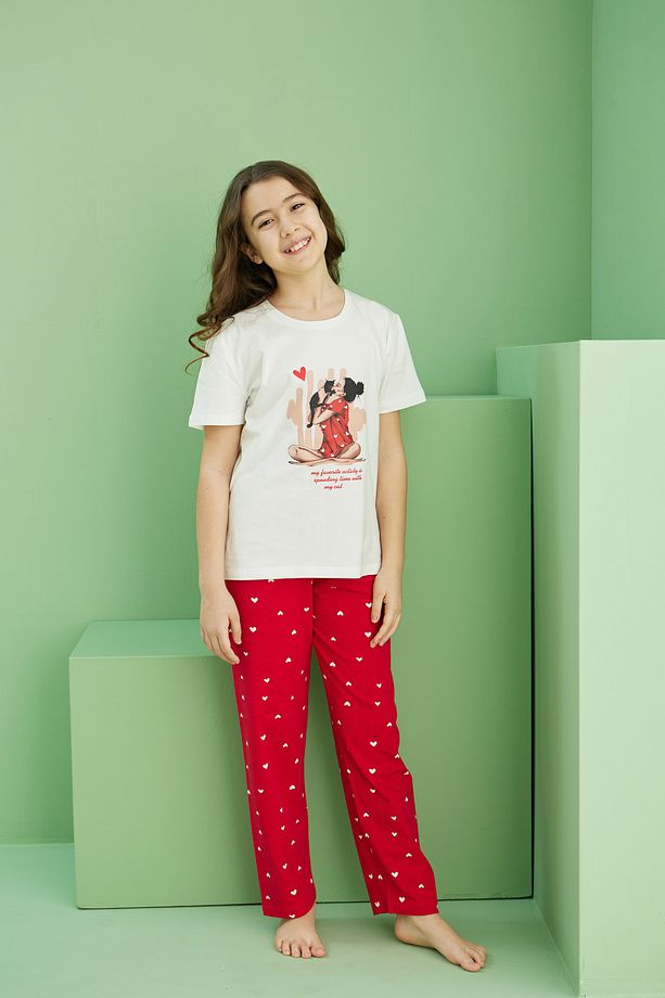 ekru desenli Pamuklu Bisiklet Yaka Örme Pijama Takım25117066 - 4