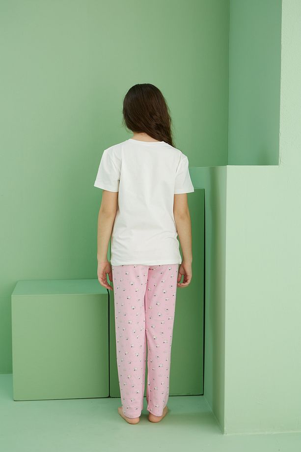 ekru desenli Pamuklu Bisiklet Yaka Örme Pijama Takım25117068 - 5