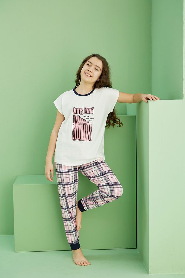ekru desenli Pamuklu Bisiklet Yaka Örme Pijama Takım25117065 - 4