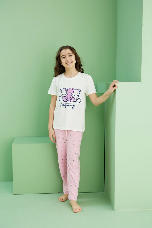 ekru desenli Pamuklu Bisiklet Yaka Örme Pijama Takım25117068 - 4