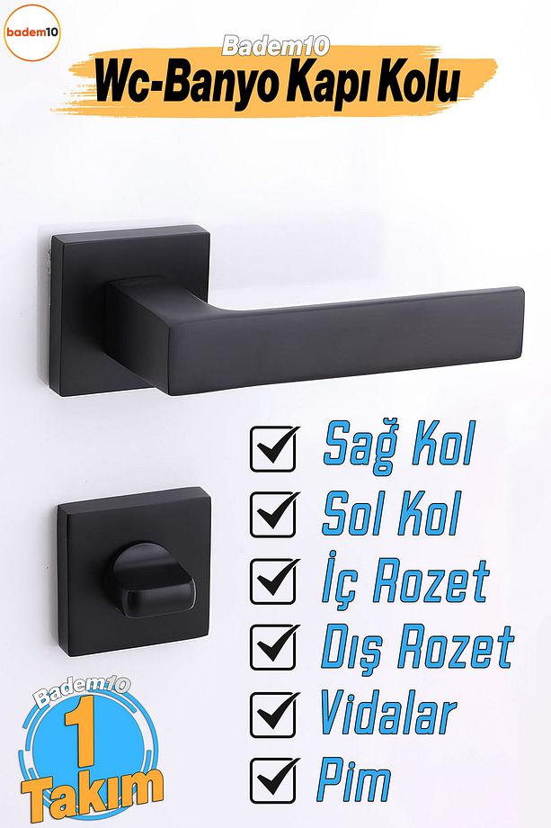 (1 TAKIM) Kilitlenebilir Paytak Wc Banyo Siyah Kapı Kolu Kare Rozetli Sağa Sola Uygun Iç Dış Kapısı - 1