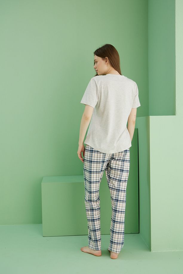 bej melanj desenli Pamuklu Bisiklet Yaka Örme Pijama Takım25117070 - 3