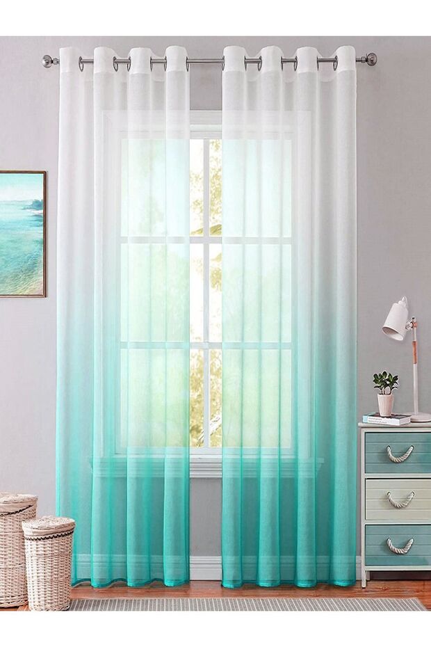 Mint Green Rustic Eyelet Tulle Curtain Gradient Color Transitional Tulle