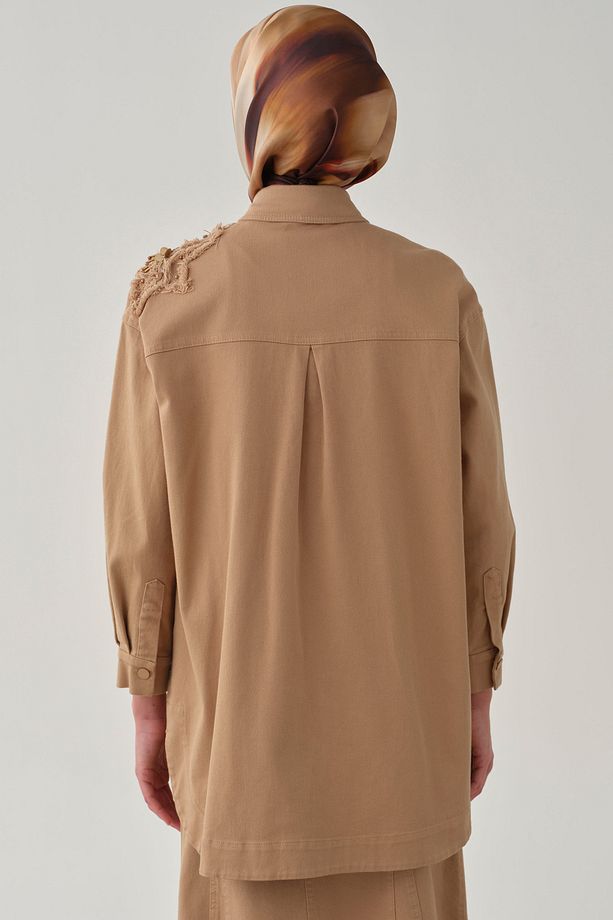 Aplike Nakış Detaylı Canvas Ceket - Camel - 6