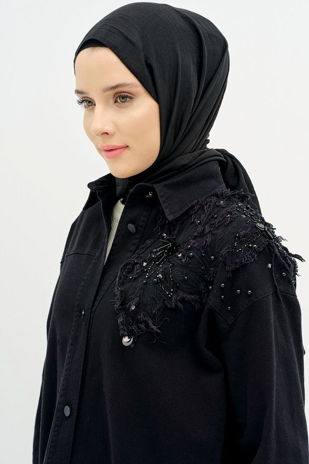 Aplike Nakış Detaylı Canvas Ceket - Siyah - 6
