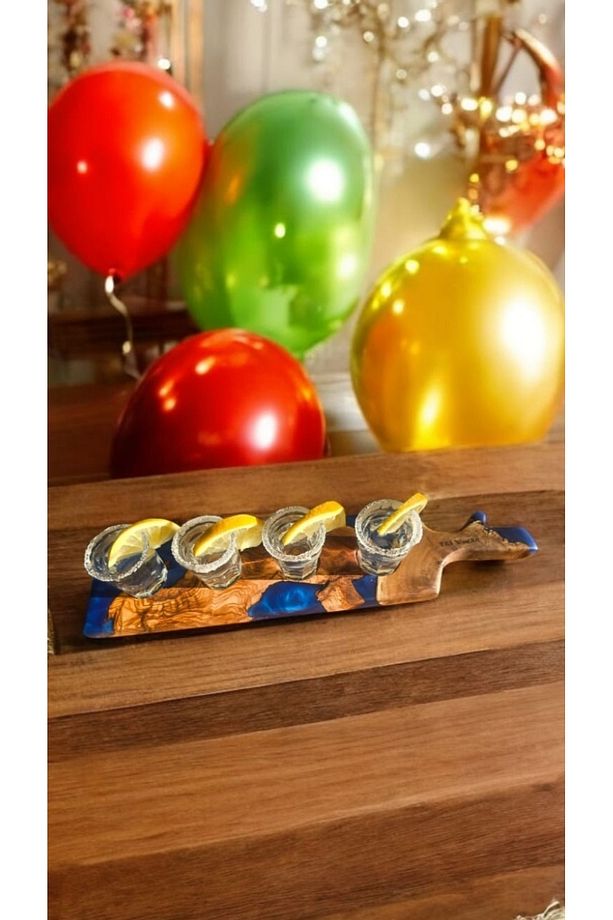 Zeytin Ağacı ahşap Epoksi Tekila Parti sunum tepsisi stand ( 4 adet shot bardak dahil ) - 6