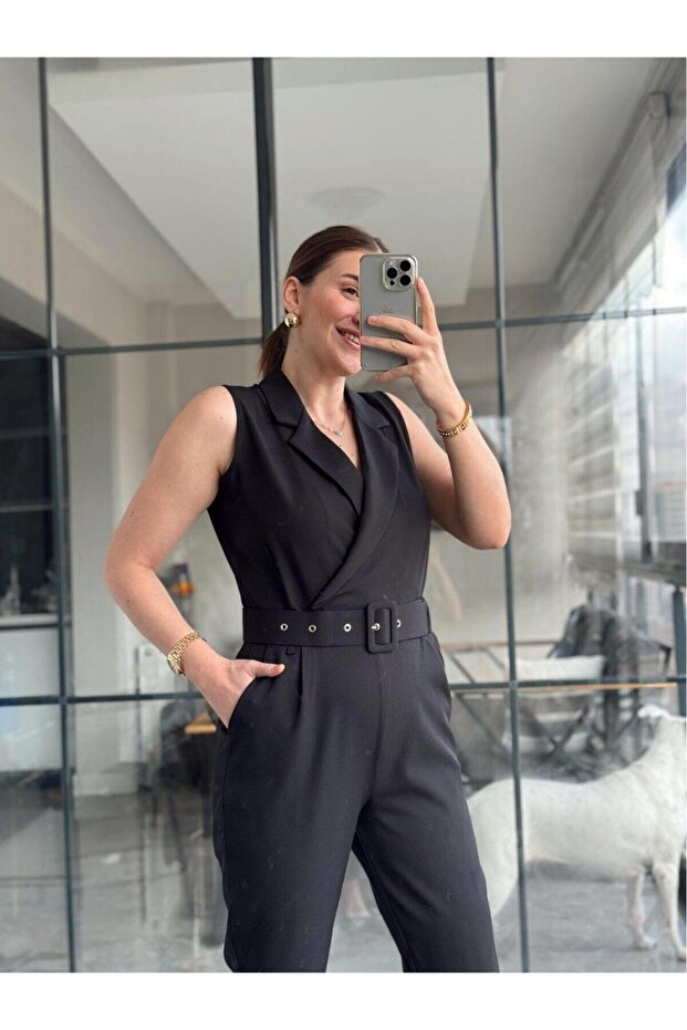 Women's Woven Fabric Double Breasted Neckline Zero Sleeve Jumpsuit with Belt