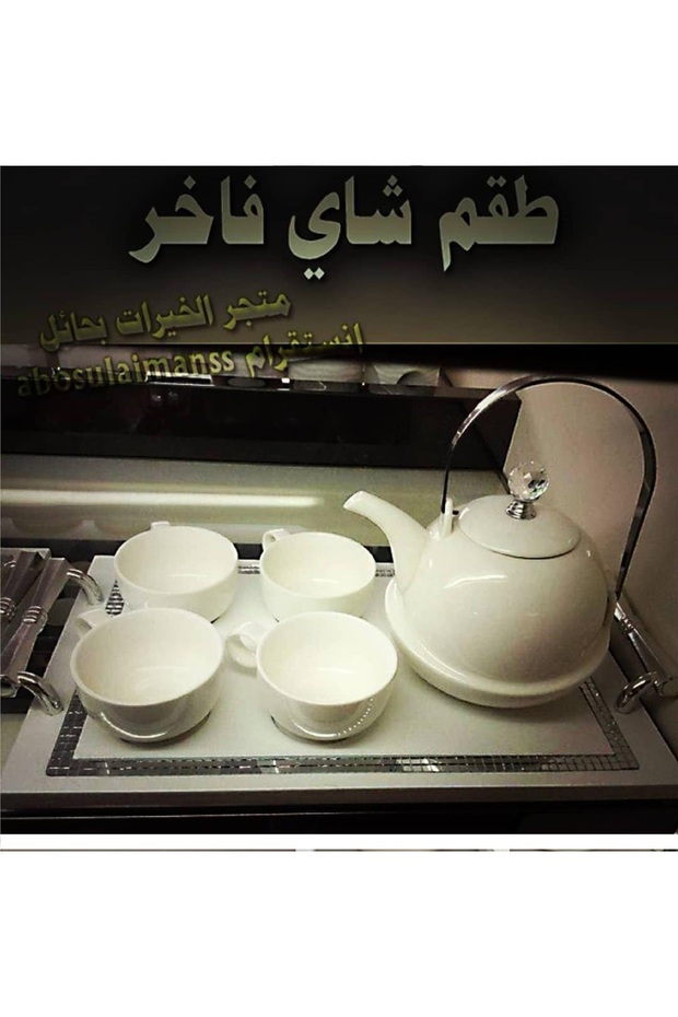 طقم شاي واكواب فاخر زجاجي+صينية باللون الابيض