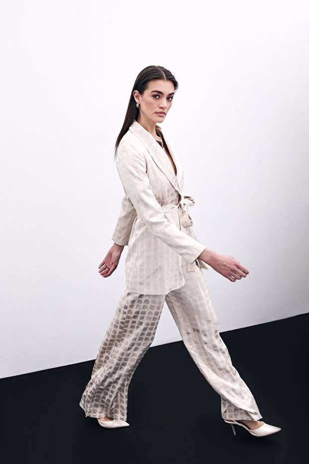 Square Patterned Belted Jacket - Beige - 4