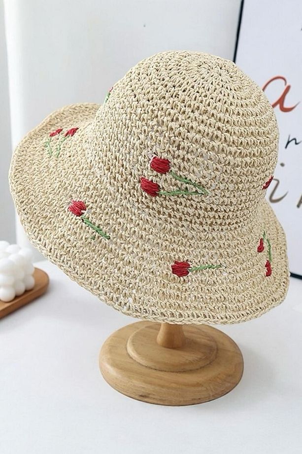 İthal Bej Cherry Örgü Bucket Hasır Şapka - 2