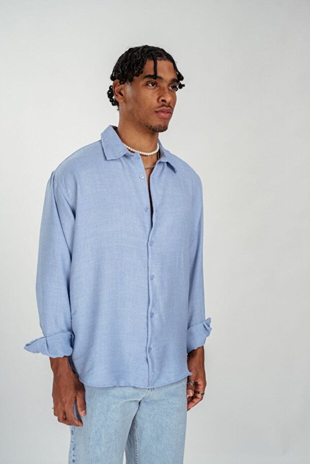 Oversize Mavi Erkek Gömlek - 5