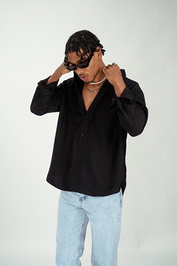 Oversize Siyah Erkek Gömlek - 1