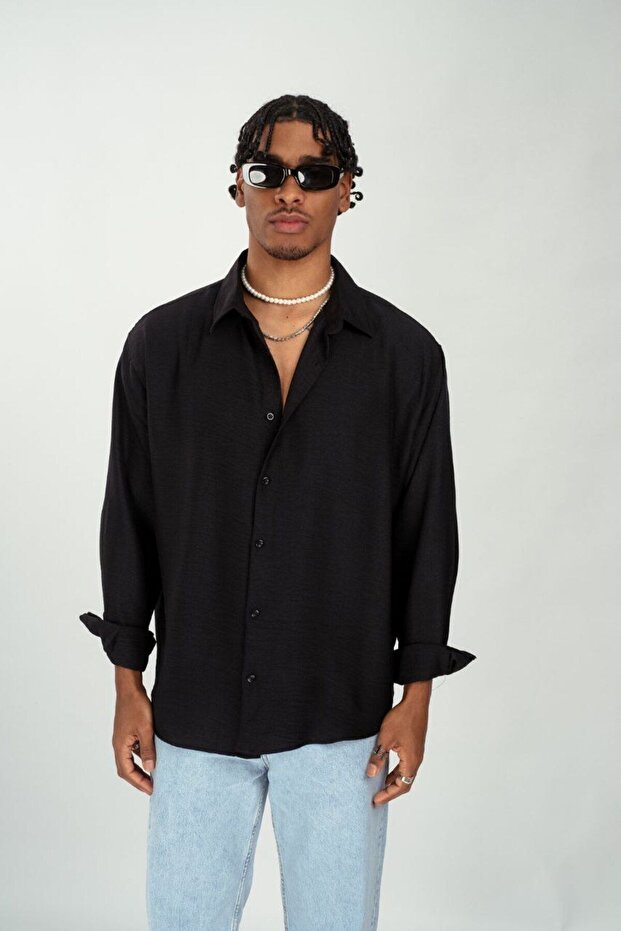 Oversize Siyah Erkek Gömlek - 3