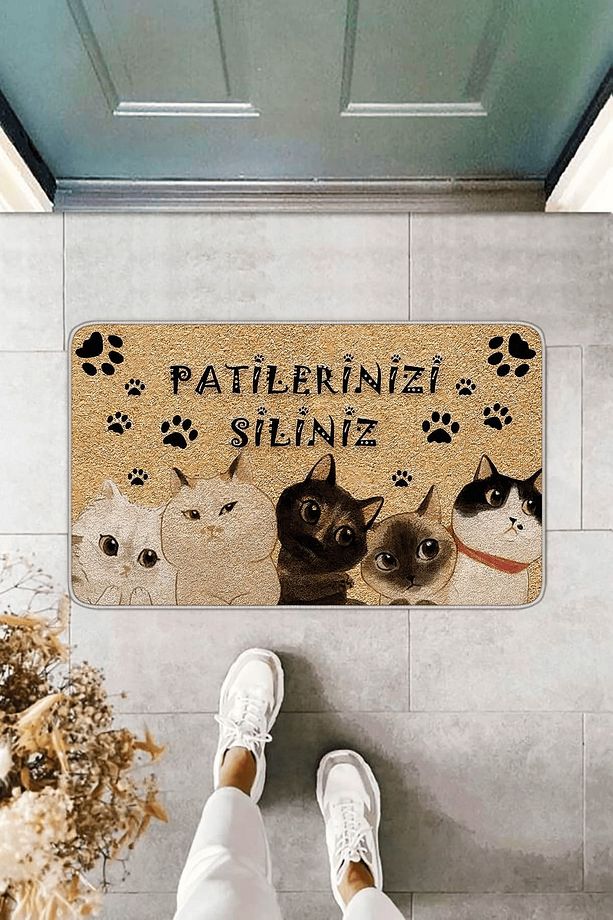 Bej Kedi Temalı Kapı Önü Paspası KP04 - 1