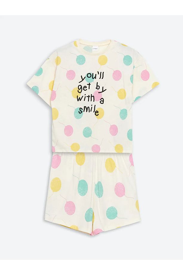 LCW Kids Ekru Bisiklet Yaka Kız Çocuk Şortlu Pijama Takımı - 1